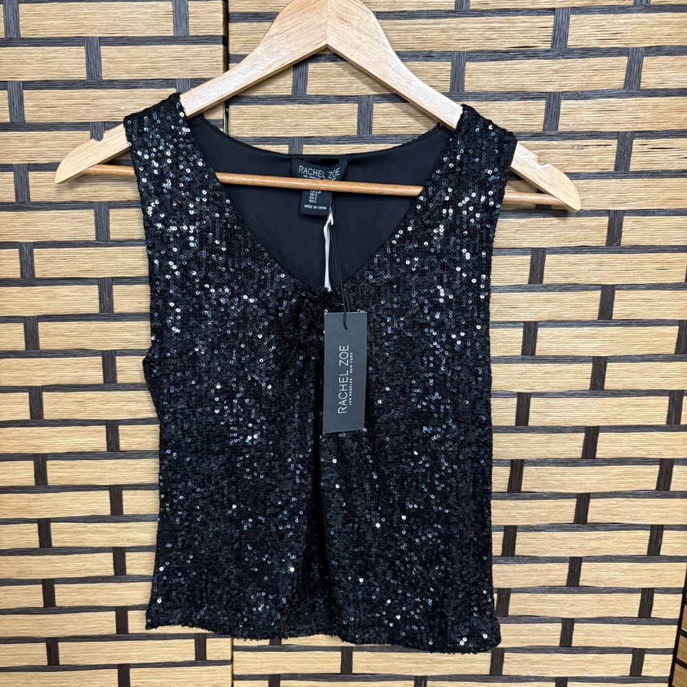 Rachel Zoe Black Sequin Flower Detail Tank Top Size Small